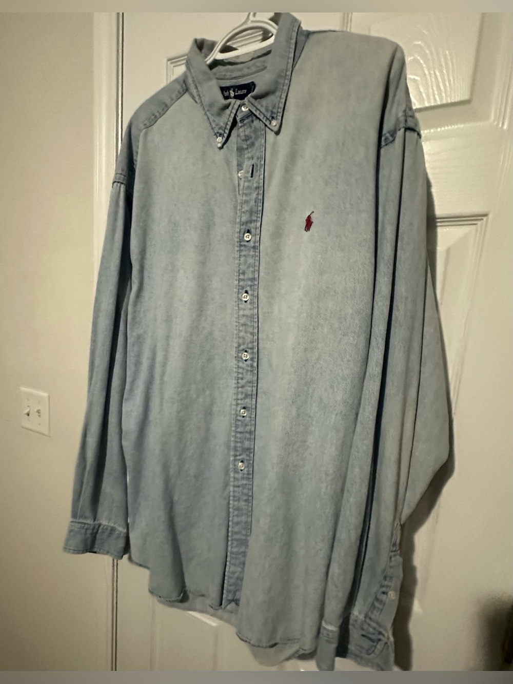 Polo by Ralph Lauren Washed Light Blue Denim Button-Down Shirt with Red Pony